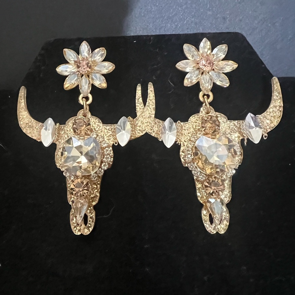 Longhorn Skull Rhinestone Dangle Earrings Champagne and Gold